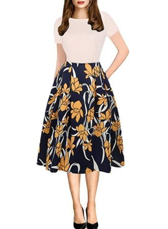 oxiuly Women's Vintage Patchwork Pockets Puffy Swing Casual Party Dress OX165