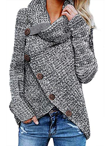 Asvivid Womens Turtle Cowl Neck Asymmetric Wrap Lightweight Ladies Pullover Sweaters with Button Details S Grey