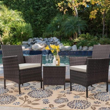 Patio Porch Furniture Set 3 Piece PE Rattan Wicker Chairs Beige Cushion with Table