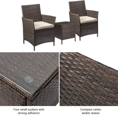 Patio Porch Furniture Set 3 Piece PE Rattan Wicker Chairs Beige Cushion with Table