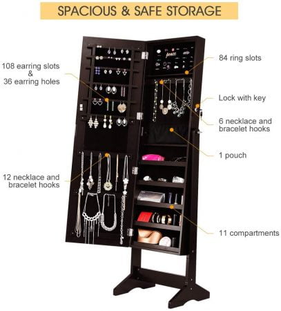Lockable Jewelry Cabinet Jewelry Armoire with Mirror Jewelry Holder Organizer Storage