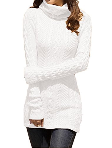 v28 Women Polo Neck Knit Stretchable Elasticity Long Sleeve Slim Sweater Jumper (US Size 12-16, White)