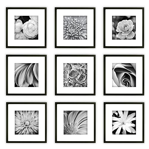 Gallery Perfect 9 Piece Black Square Photo Frame Gallery Wall Kit with Decorative Art Prints & Hanging Template