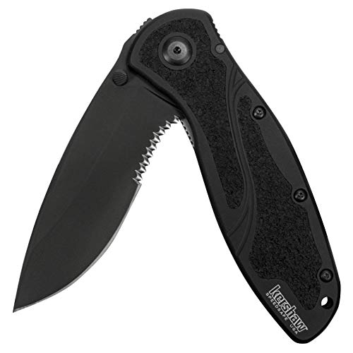 Kershaw Blur, Black Serrated (1670BLKST); Folding Knife with All-Black Body, Partially Serrated 3.4” 14C28N Steel Blade, Anodized Aluminum Handle with Trac-Tec Grip, SpeedSafe Opening, Reversible Pocketclip; 3.9 OZ