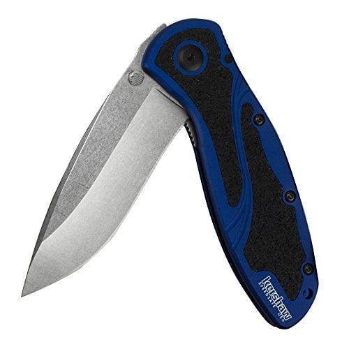 Kershaw Blur, Navy Blue Stonewashed (1670NBSW) Pocket Knife, 3.4” Stonewashed 14C28N Steel Blade, Anodized Aluminum Handle with Black Trac-Tec Inserts, SpeedSafe Open, Reversible Pocketclip; 3.9 OZ