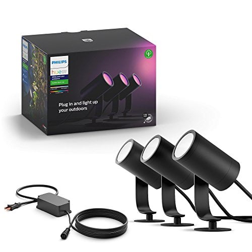 Philips Hue 802066 Lily- 3 Pack Outdoor Base 3 Hue White & Color Ambiance Smart Spot Lights, Power Supply and mounting kit, Works with Alexa, Apple HomeKit & Google, Black