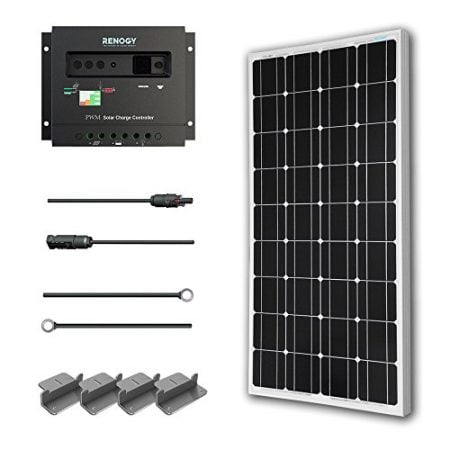 Renogy 100 Watts 12 Volts Monocrystalline Solar Starter Kit w/ 100W Solar Panel + 30A PWM Negative ground Charge Controller + MC4 Connectors +Tray Cable+ Mounting Z Brackets for RV, Boat