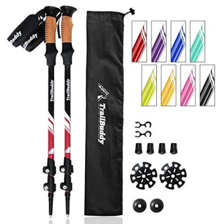 TrailBuddy Trekking Poles - 2-pc Pack Adjustable Hiking or Walking Sticks - Strong, Lightweight Aluminum 7075 - Quick Adjust Flip-Lock - Cork Grip, Padded Strap