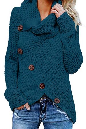 Turtle Cowl Neck Asymmetric Wrap Pullover Sweaters