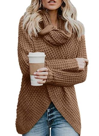 Turtle Cowl Neck Asymmetric Wrap Pullover Sweaters