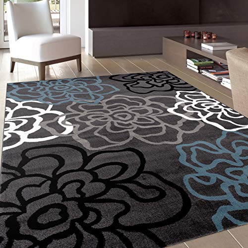 Contemporary Modern Floral Flowers Gray Area Rug 5' 3" X 7' 3"