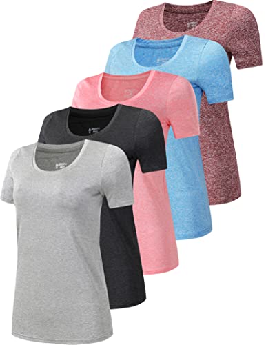 Pack of 5 Women's Signature Scoopneck Tees, Short Sleeve Heather Shirts Athletic Tops for Gym Yoga Workout (Edition 1, X-Large)