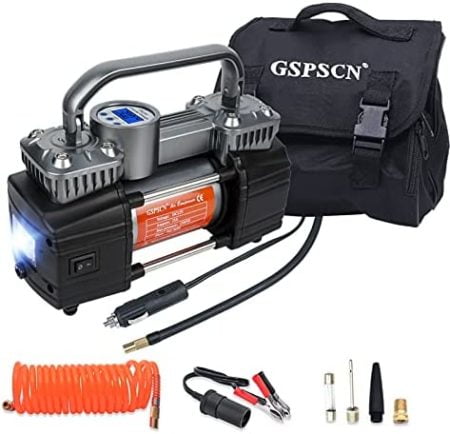 GSPSCN Portable Digital Car Tire Inflator with Gauge 150Psi Auto Shut-Off, Heavy Duty Double Cylinders 12V Air Compressor Pump with LED Light for Auto,Truck,Car,Bicycles,RV,SUV,Balls etc.(Titanium)