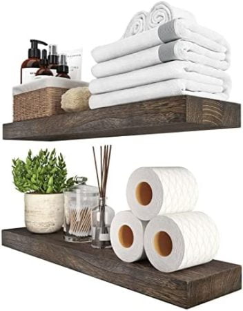 Floating Shelves Rustic Natural Wood Wall Shelf Open Shelving Farmhouse Live Edge Light Wooden Wall Mounted Decor for Bathroom, Living Room, Bedroom, Kitchen Set of 2 (24 inch, Dark Brown)