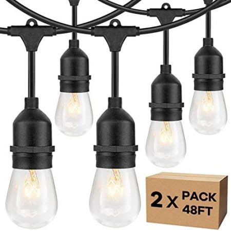 2-Pack 96FT Outdoor String Lights with Dimmable 11W Edison Vintage Bulbs, Waterproof Commercial Grade Patio Hanging Lights for Cafe Pergola Backyard Bistro Wedding, 2700K Warm White, Black 48FT/String