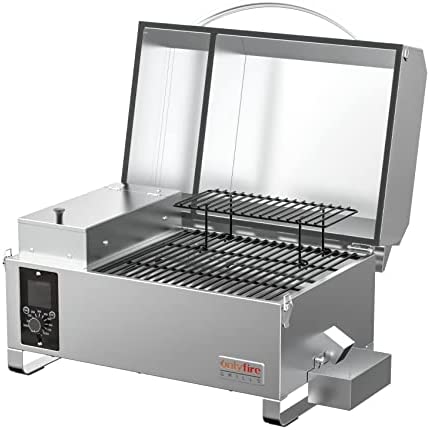 Onlyfire GS680 Portable Wood Pellet Grill and Smoker, 8 in 1 Tabletop Stainless Steel BBQ Grill Stove for RV Camping Tailgating Cooking with Auto Temperature Control, LED Screen, Meat Probe & 2 Tiers Cooking Area, Silver