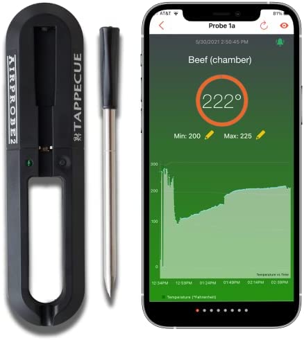 Tappecue AirProbe2 Smart Wireless Meat Thermometer | Bluetooth & Cloud Connected for Unlimited Range | Meat Probe for use in Kitchen Pressure Cooker, AirFryer, BBQ Grill, Oven, Smoker, Rotisserie