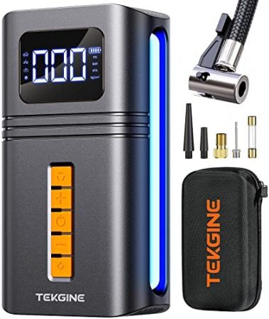 TEKGINE Dual-Power Tire Inflator Portable Air Compressor for Car Tires, [6000mAh Battery & 12V DC] Cordless Air Pump for Car Tires with Emergency Light for Car Bike Motor Ball ETC