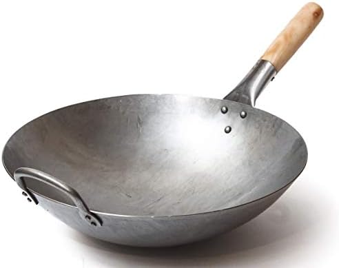 Craft Wok Traditional Hand Hammered Carbon Steel Pow Wok with Wooden and Steel Helper Handle (14 Inch, Round Bottom) / 731W88