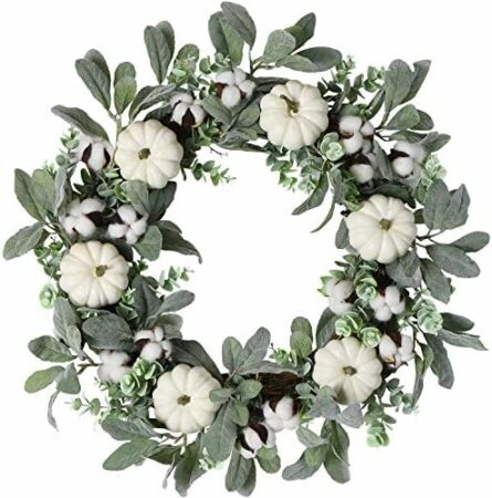 WANNA-CUL 24 inch Farmhouse Fall Wreath Decoration for Front Door with White Pumpkin, Lamb's Ear and Eucalyptus Leaves, Harvest Door Wreath for Autumn or Thanksgiving Decor