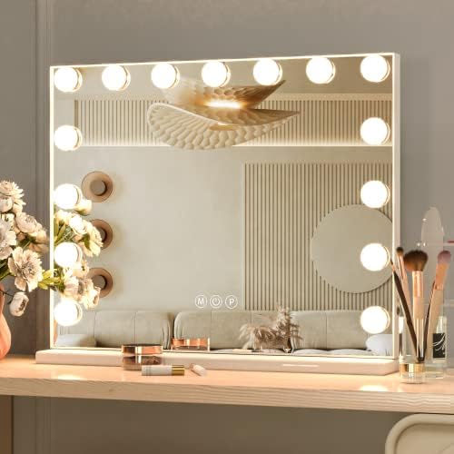 CASSILANDO Hollywood Tabletop Mount Vanity Mirror with Lights, Vanity Makeup Mirror with 15 LED Bulbs, 3 Color Lighting Modes, USB Port, Smart Touch Control