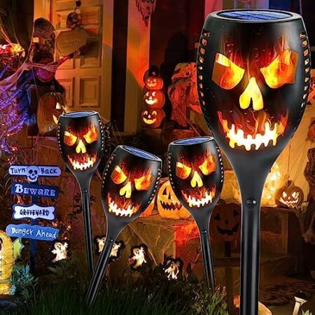 Toodour Solar Halloween Lights Outdoor, 4 Packs Super Larger Size Solar Torch Light with Flickering Flame, Waterproof LED Flame Lights for Outside Garden Yard Patio Pathway Halloween Decoratrions