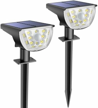Ponhon Solar Spot Lights for Outside, Motion Sensor Solar Outdoor Lights 3 Lighting Mode, Solar Spotlights Outdoor Waterproof IP68, Auto On/Off Spot Landscape Lights for Yard/Pathway Cold White,2 Pack