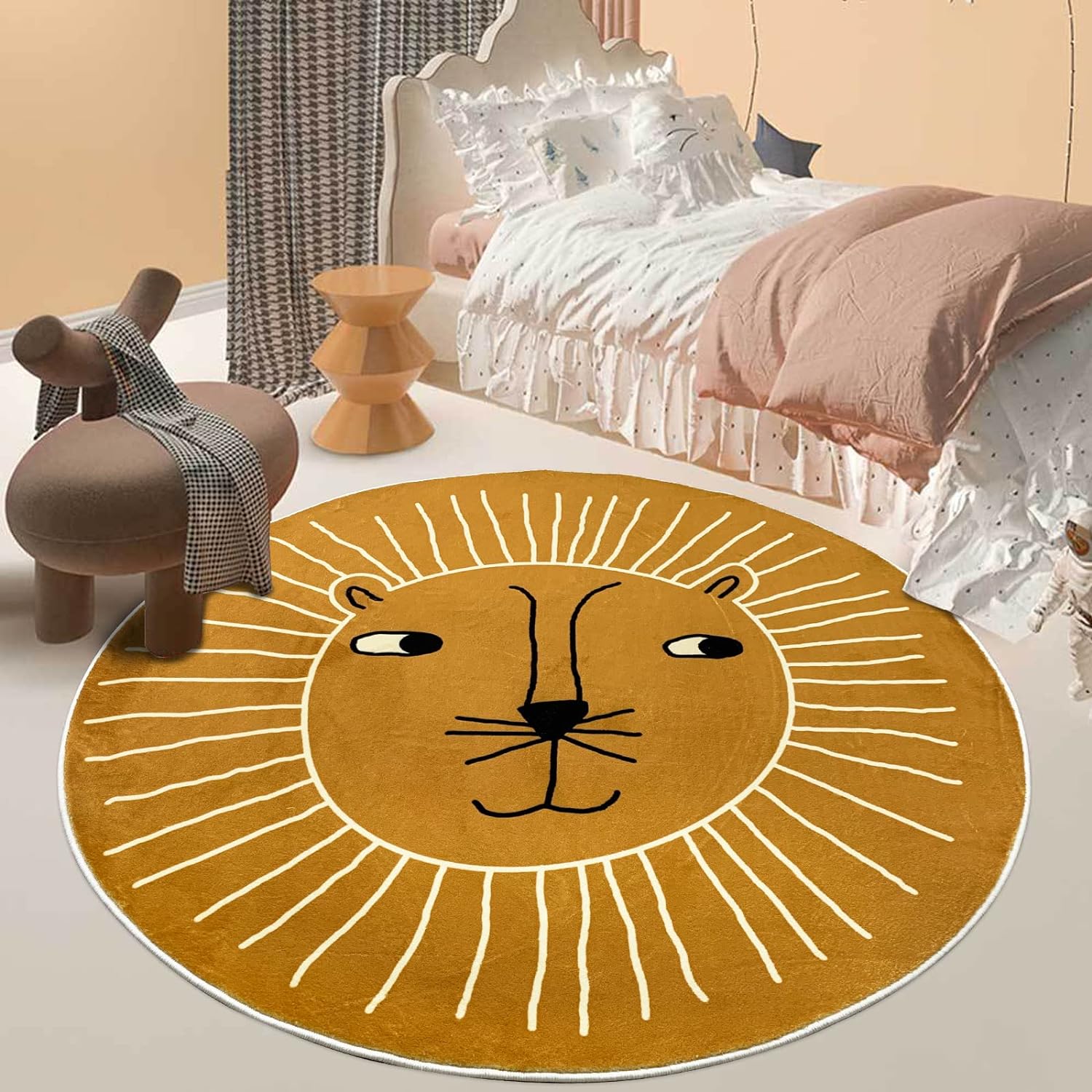 USTIDE Kids Play Mat 4Ft, Round Lion Play Rug Non Slip Kids Circle Rug Soft Nursery Rug Floor Carpet for Bedroom Playroom Decor
