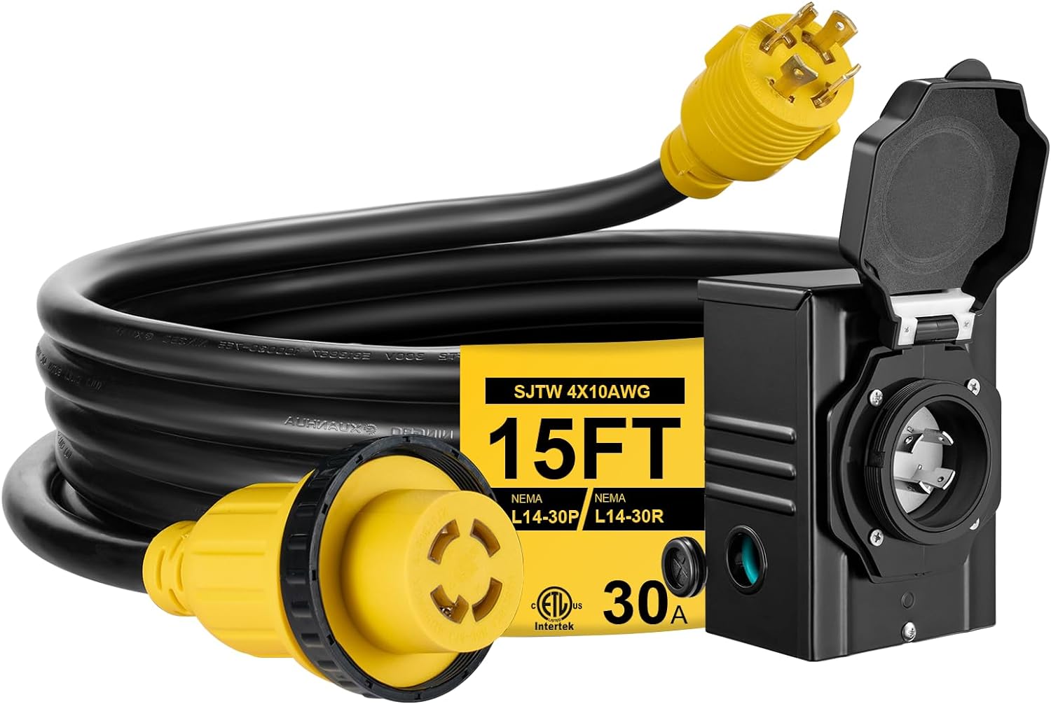 15FT 30 Amp Generator Cord with Pre-Drilled Power Inlet Box,Heavy Duty Generator Power Cord 4 Prong,125/250V,NEMAL14-30P/14-30R,Waterproof,ETL Listed,Home/RV Power Supply